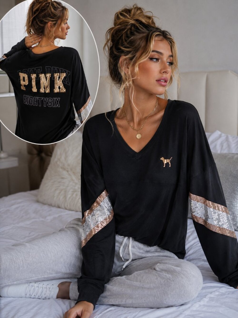 Victoria’s Secret PINK Varsity Graphic Long Sleeve Top Black Sequin Logo Medium